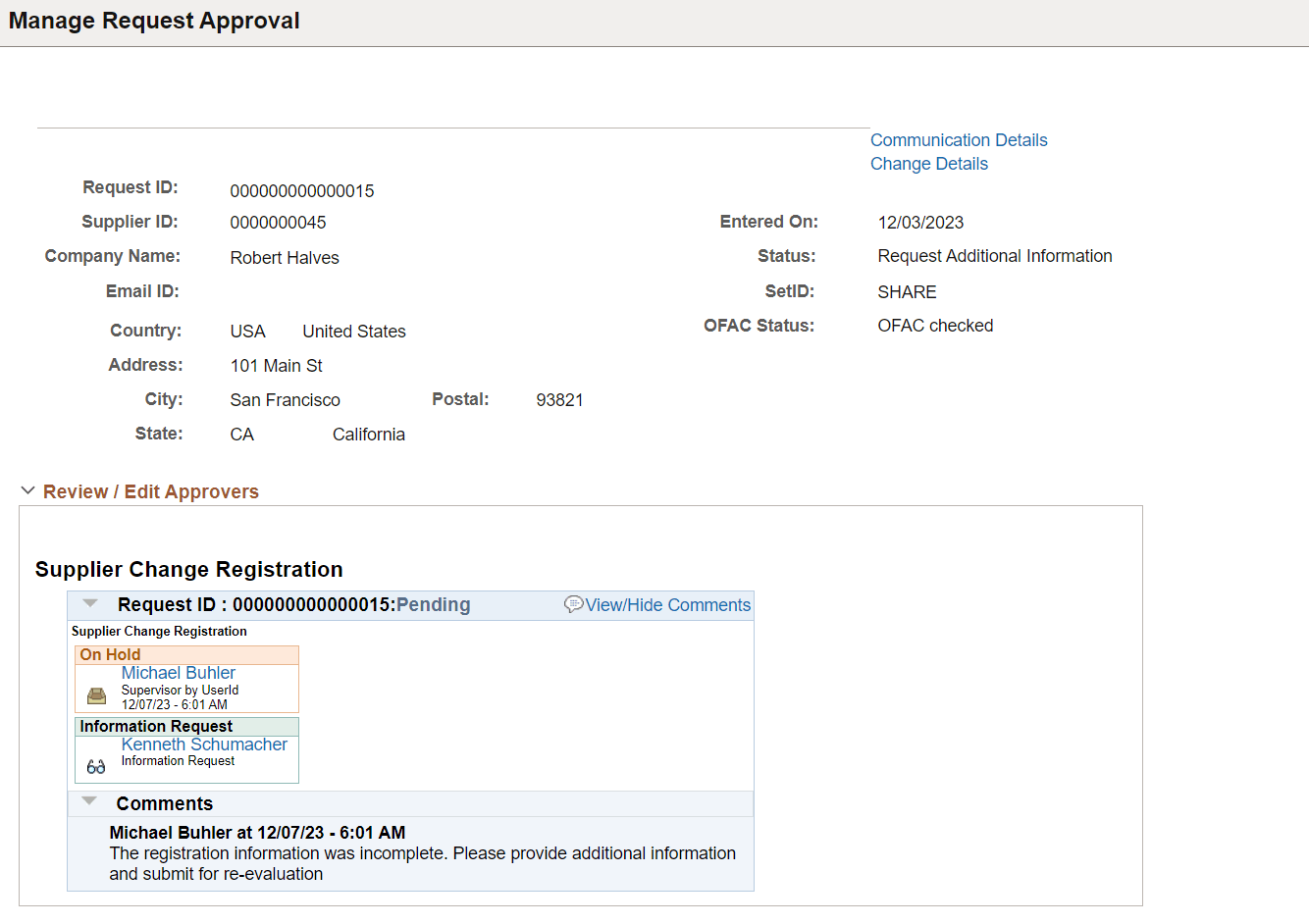 Manage Request Approval detail page