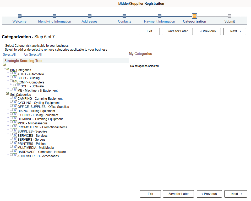 Online Registration Categorization page