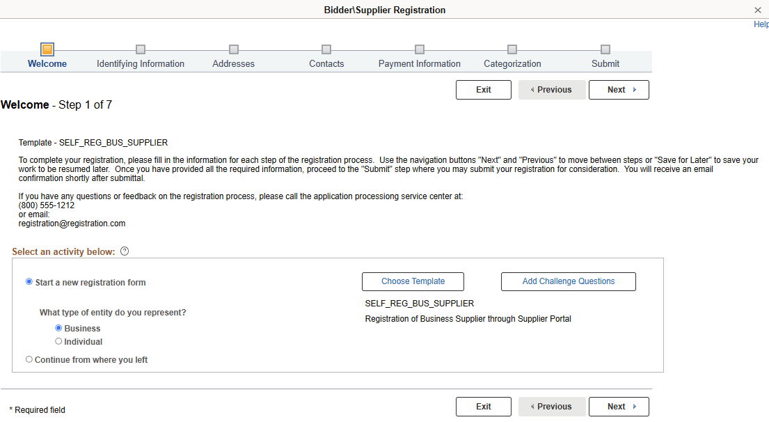 Online Registration Supplier or Bidder: with Challenge Question