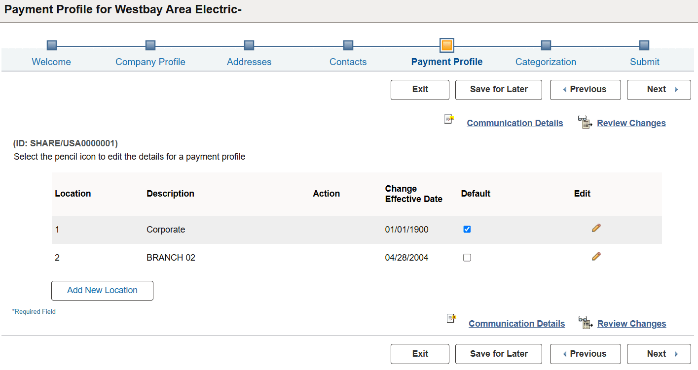 Payment Profile Page (Supplier Change Request)