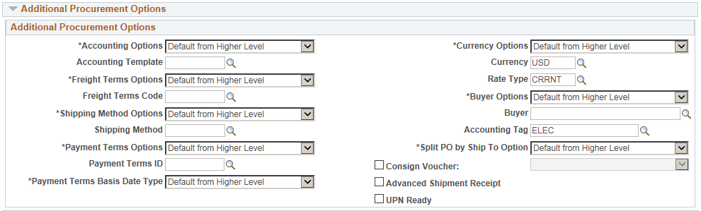 Procurement Options page - Additional Procurement Options section