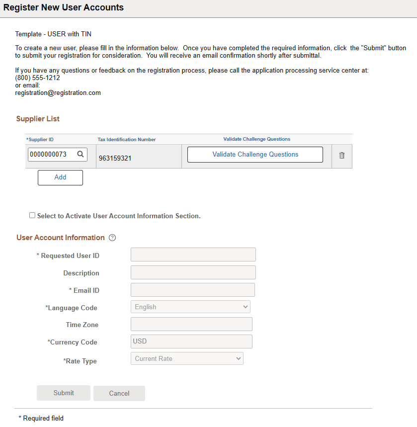 Register New User Accounts page- with Challenge Question validation