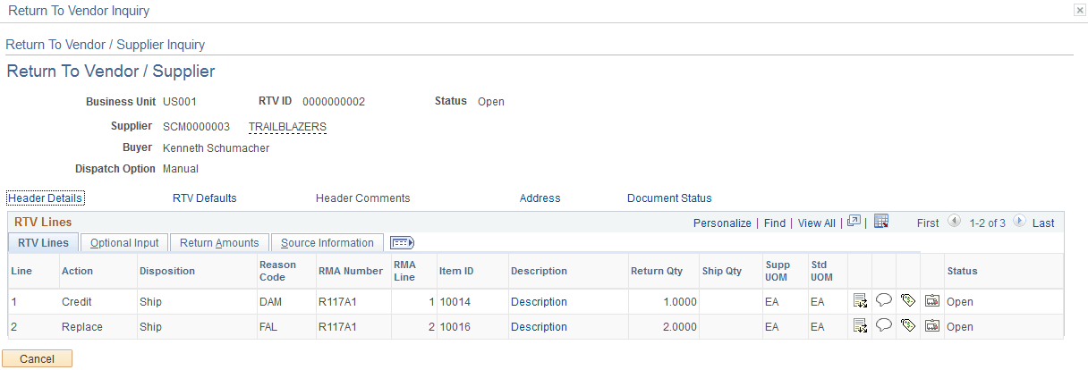Return To Vendor Inquiry page