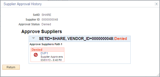 Supplier Approval History page for a denied supplier