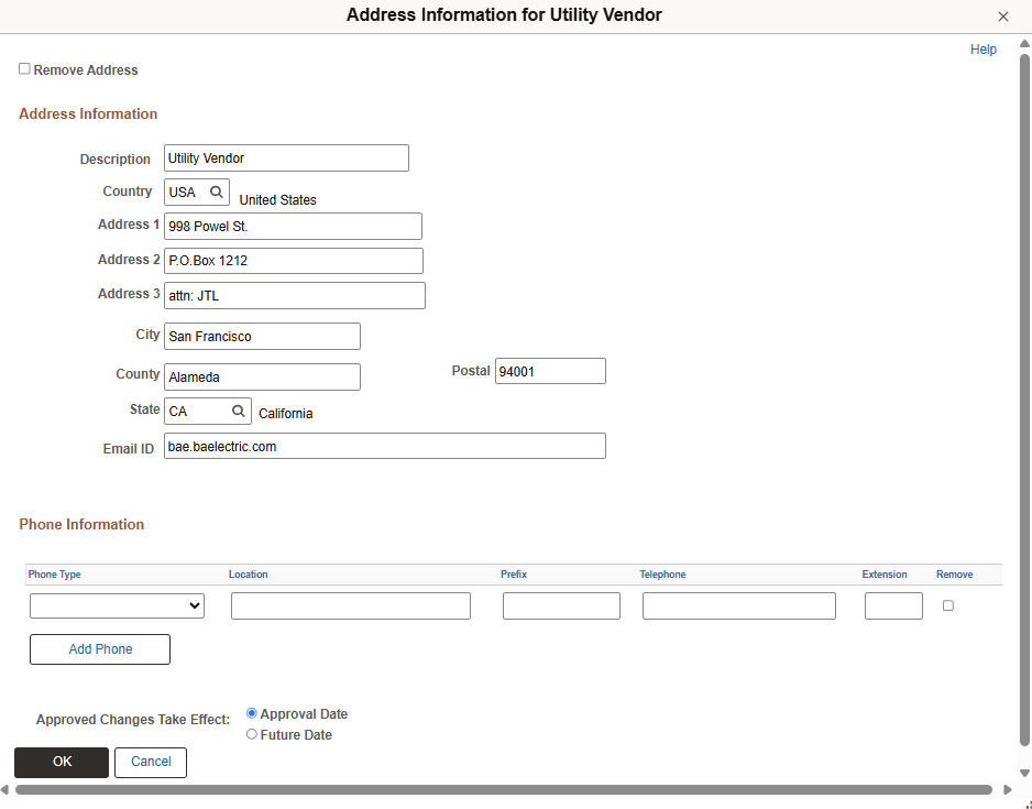 Supplier Change Request: Address Information detail page
