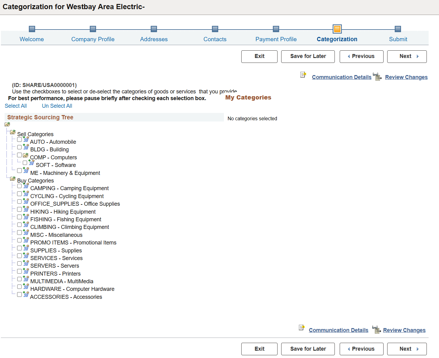 Supplier Change Request: Categorization page