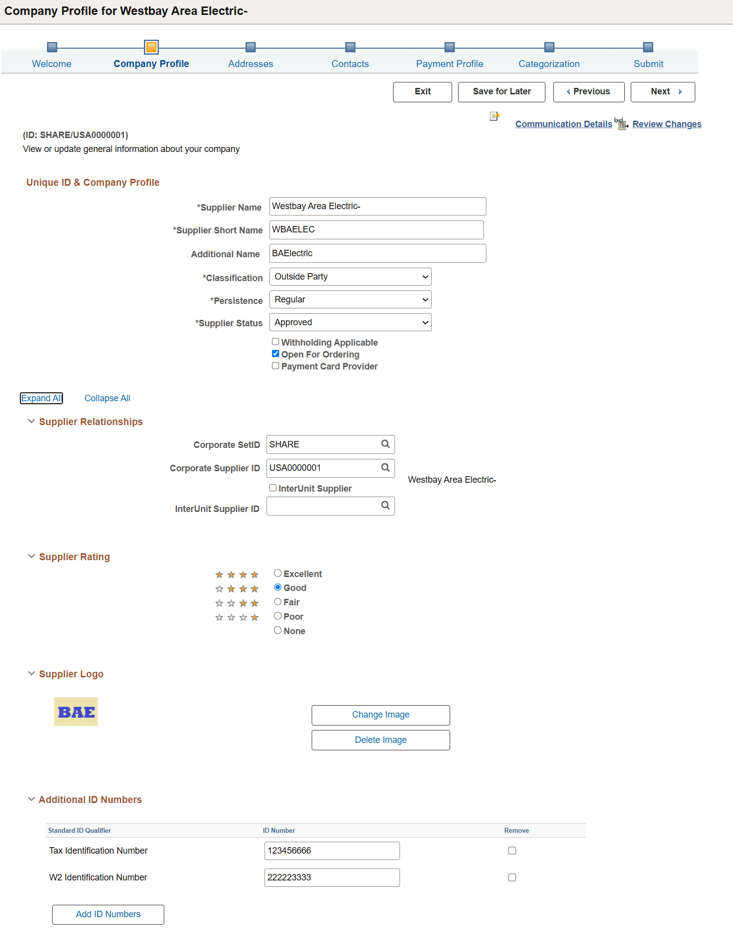 Supplier Change Request: Company Profile page (1 of 3)