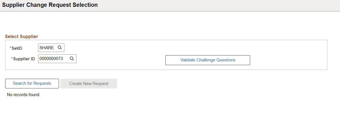 Supplier Change Request Selection page with Challenge Question