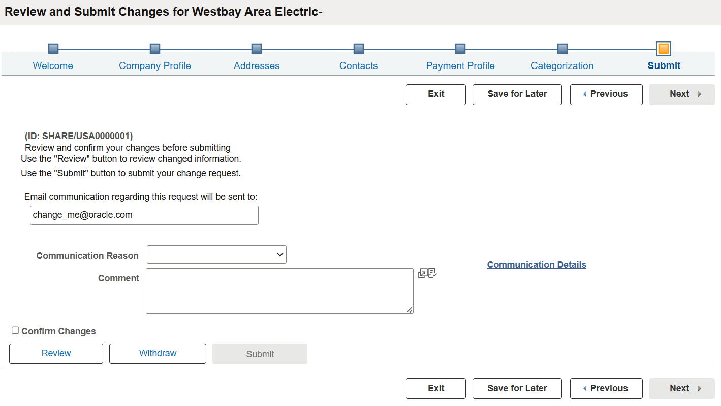 Supplier Change Request: Submit page