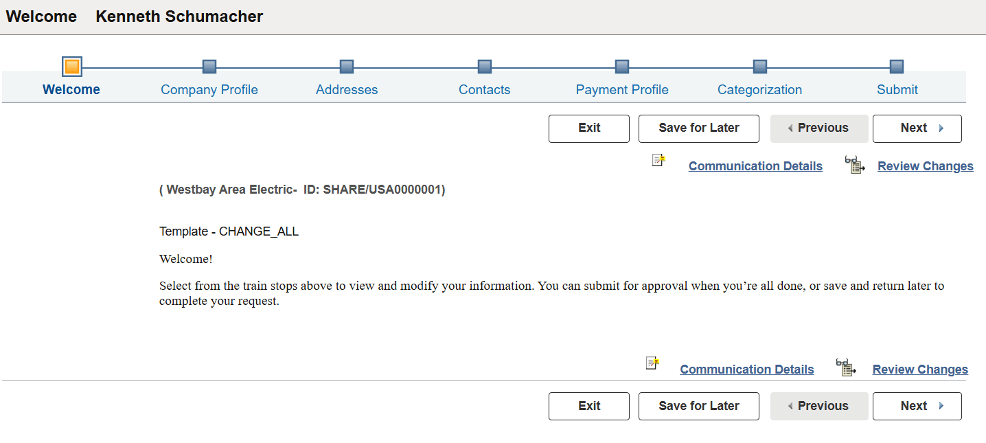 Supplier Change Request: Welcome page