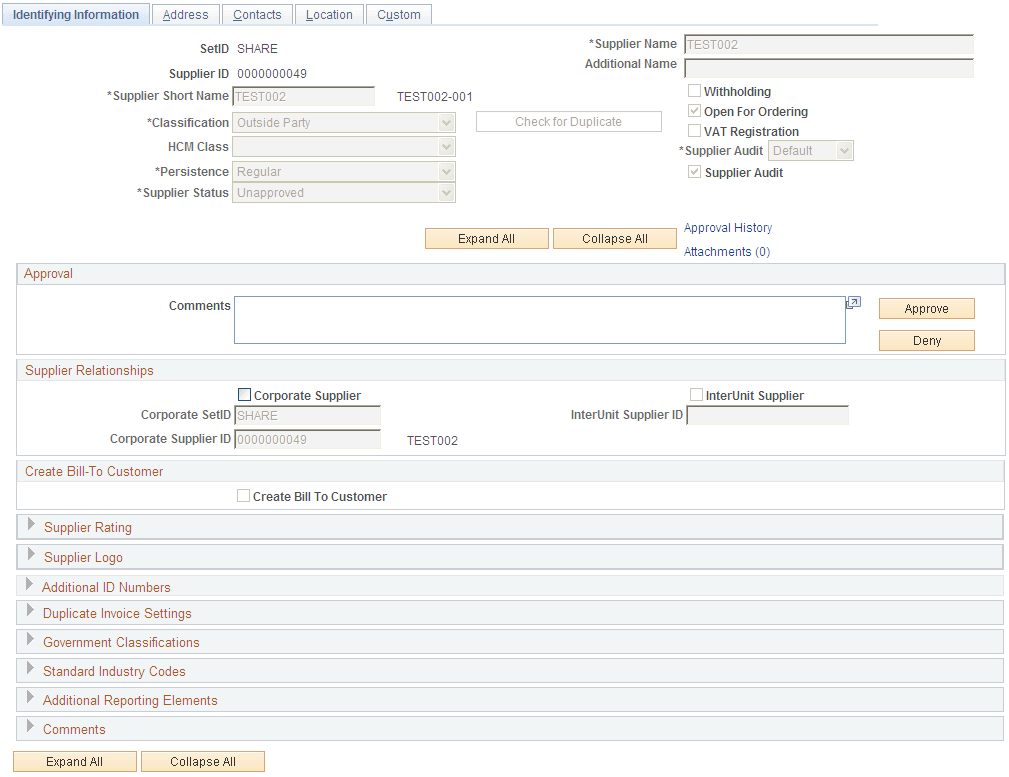 Supplier - Identifying Information page