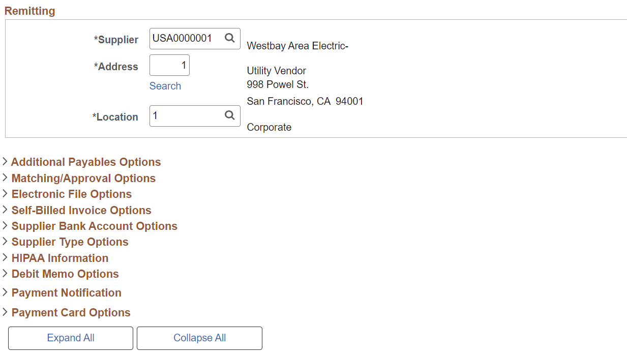 Supplier Information - Payables Options page (2 of 2)
