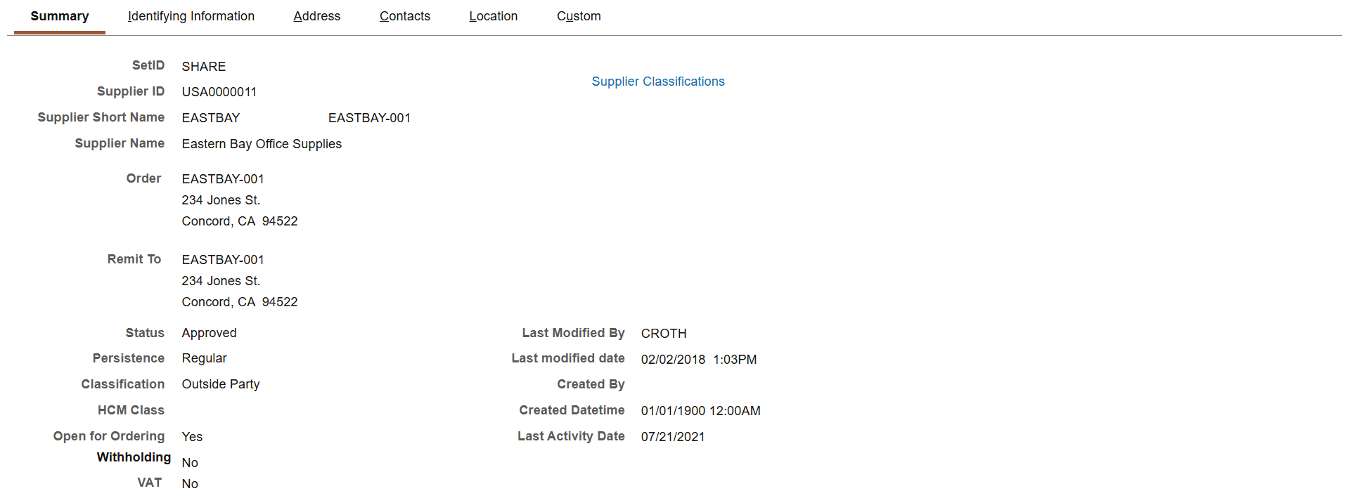 Supplier Information - Summary page