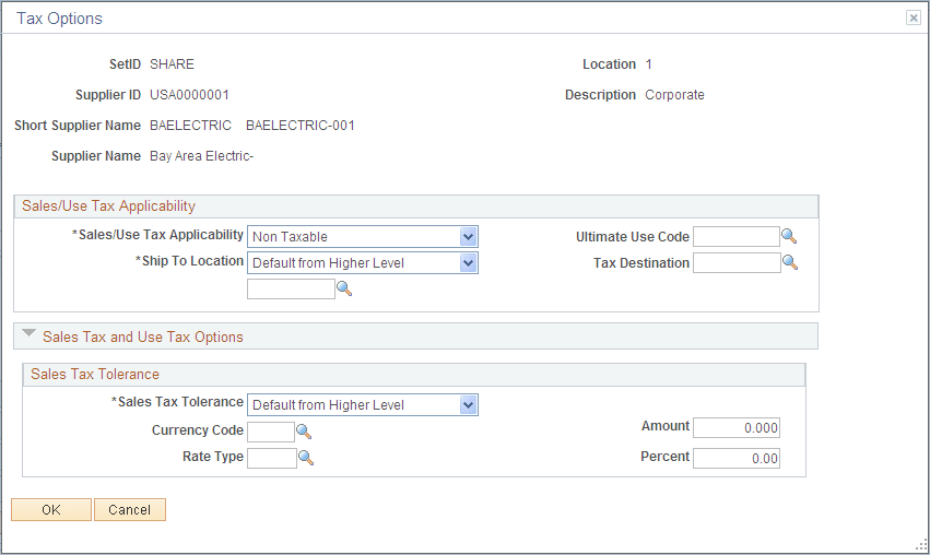 Supplier Information - Tax Options page