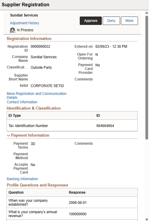 Supplier Registration header approval page as displayed on a smartphone