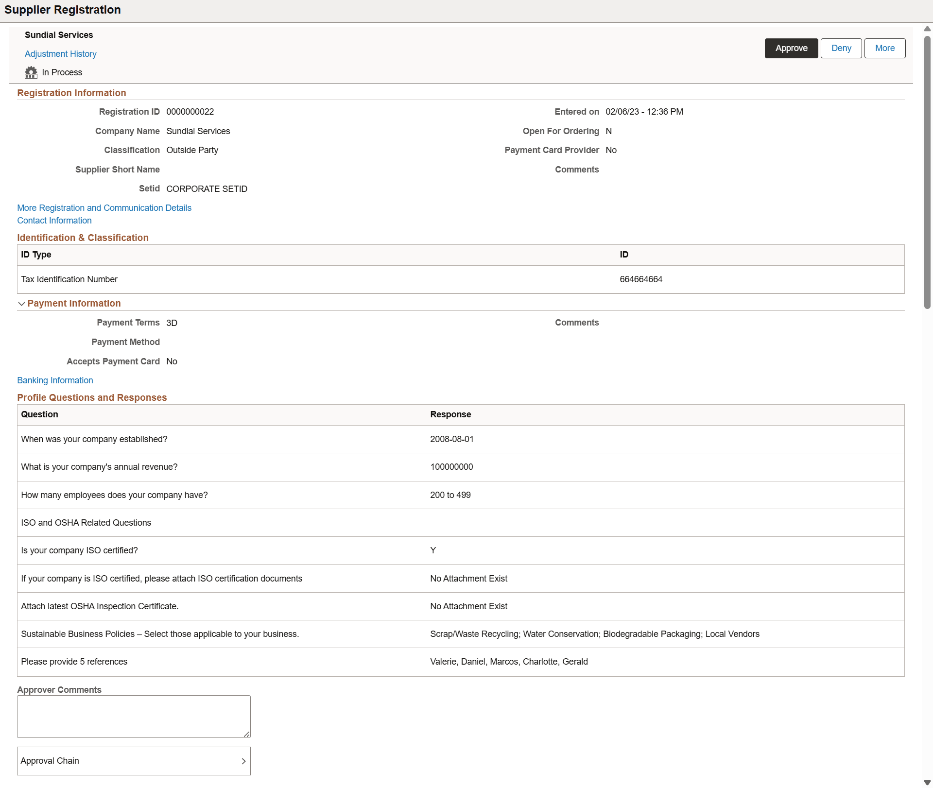 Supplier Registration header approval page