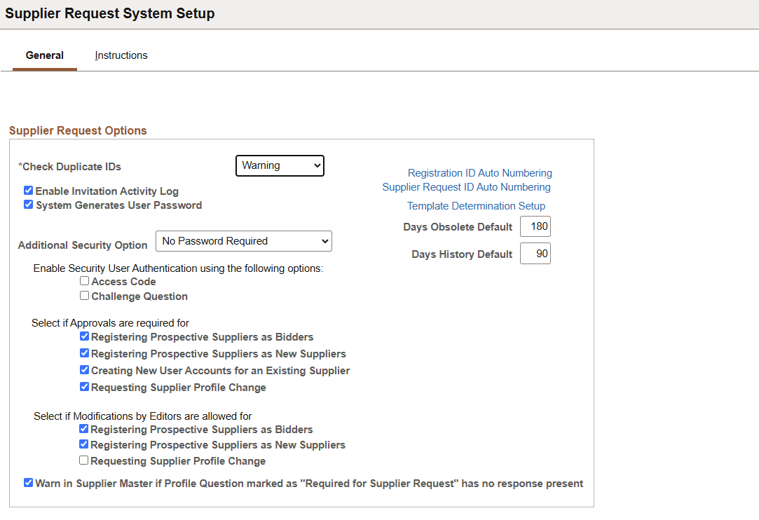Supplier Request System Setup - General page (1 of 2)