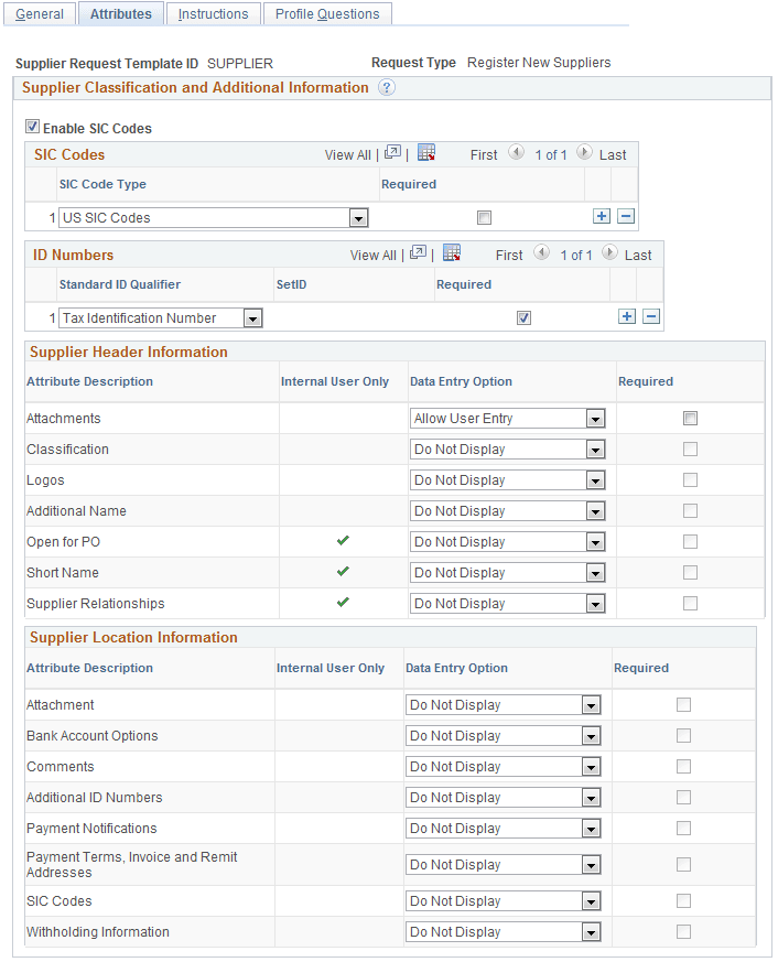Supplier Request Templates - Attributes page (New Suppliers)
