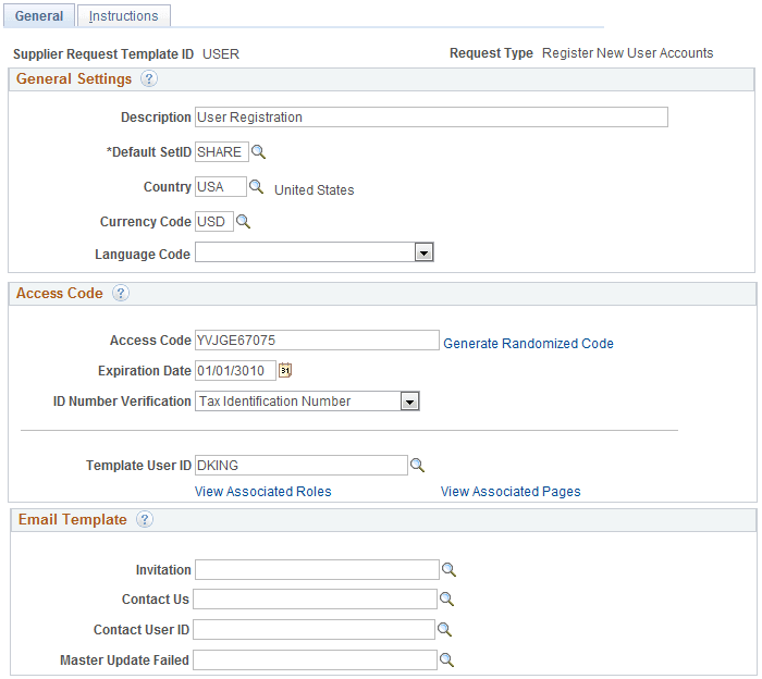 Supplier Request Templates - General page (New User Accounts)