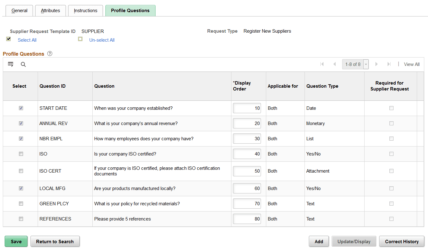Supplier Request Templates - Profile Questions page (New Suppliers)