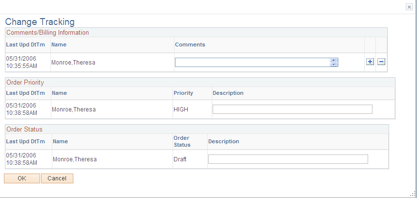 Order - Change Tracking page