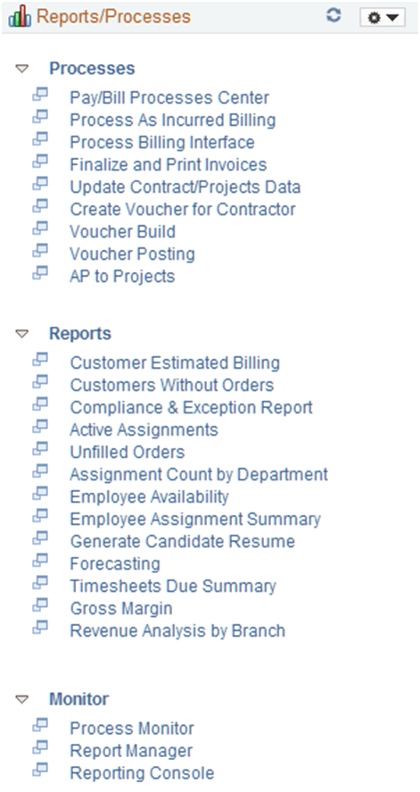Staffing WorkCenter - Reports/Processes page