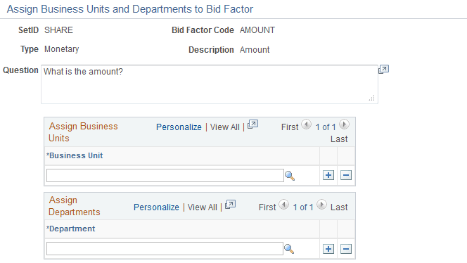 Assign Business Units and Departments to Bid Factor page