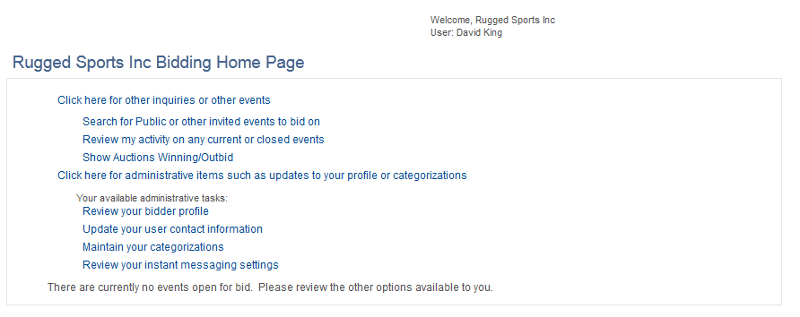 <Bidder Name> Bidding Home Page