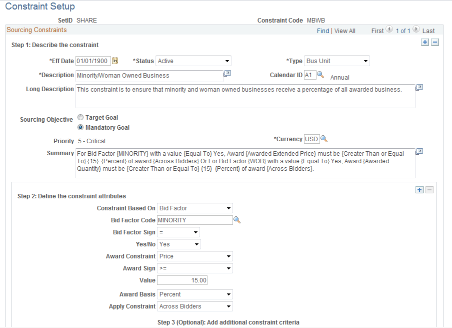 Constraint Setup page (1 of 2)