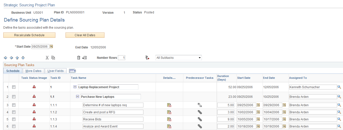 Define Sourcing Plan Details page: Schedule tab