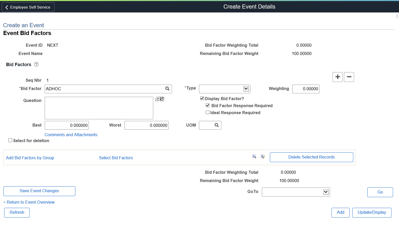 Event Bid Factors page