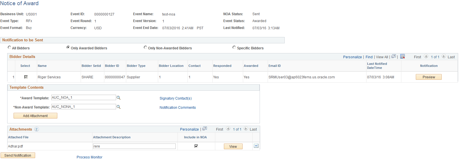Notice of Award page