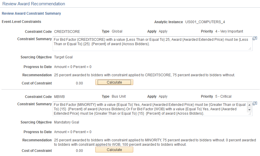 Review Award Constraint Summary page