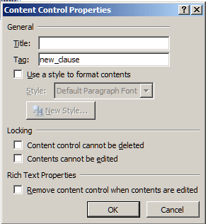 Content Control Properties window when recording a macro