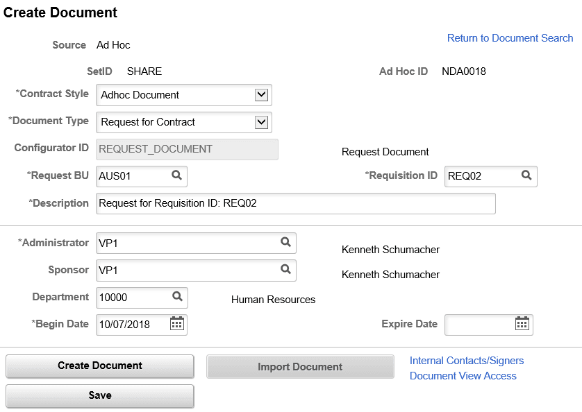 Create Document for Ad Hoc Requisition