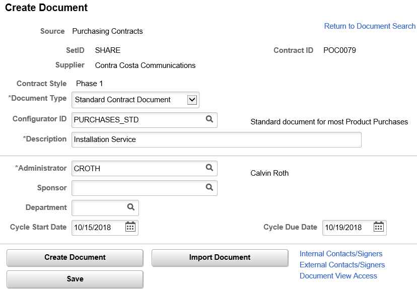 Create Document page - Purchasing Contracts