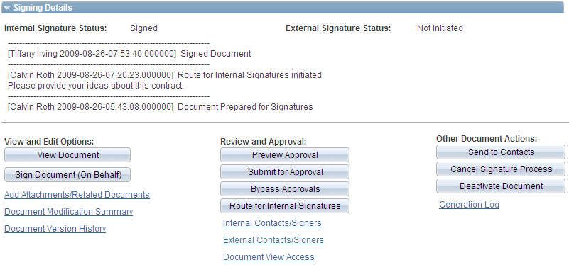 Document Management page with internal signature completed