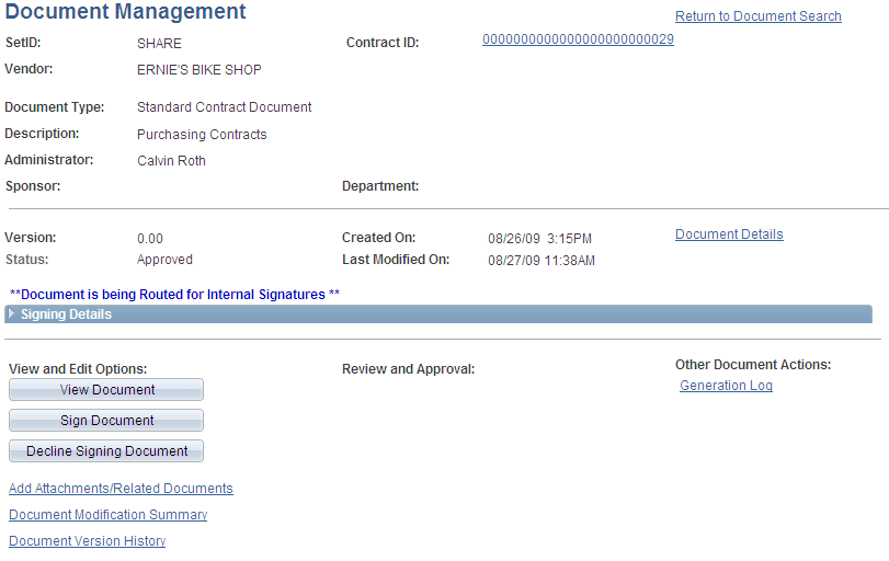 Document Management page for internal signers