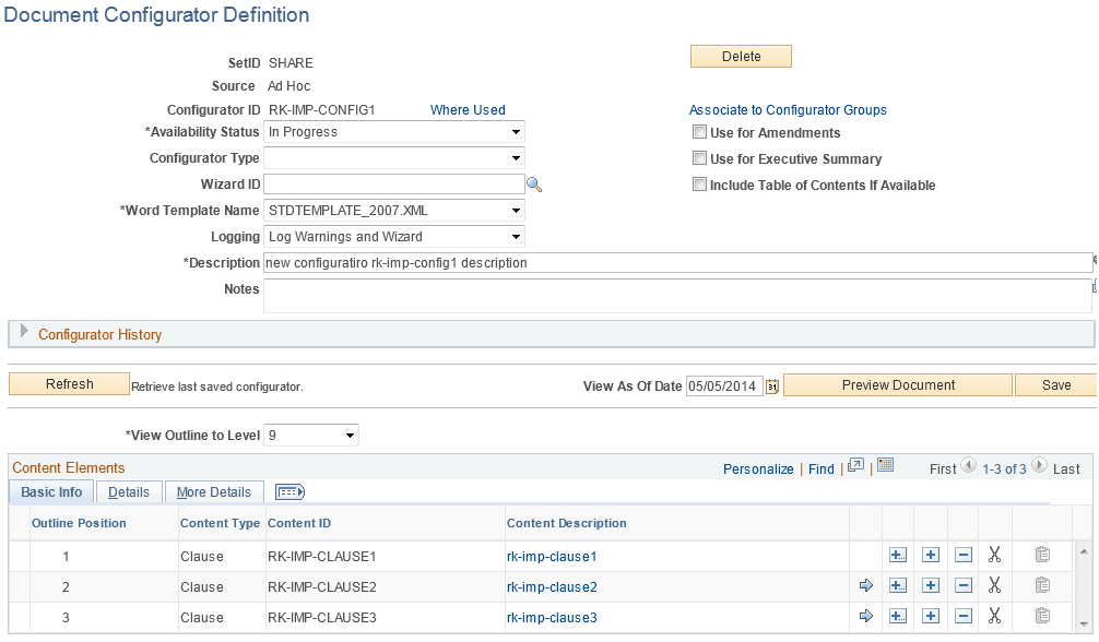 Example: Document Configurator Definition page after importing clauses
