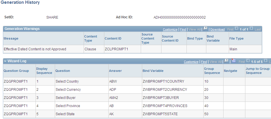 Generation History page: Log tab (1 of 2)