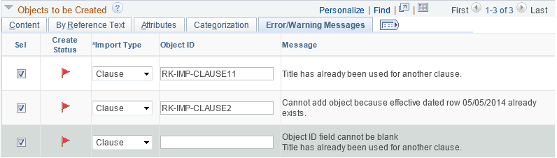 Import Clauses/Sections page: Error/Warning Message tab