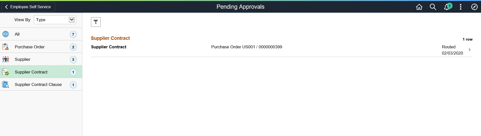 Pending Approvals - Supplier Contract list page