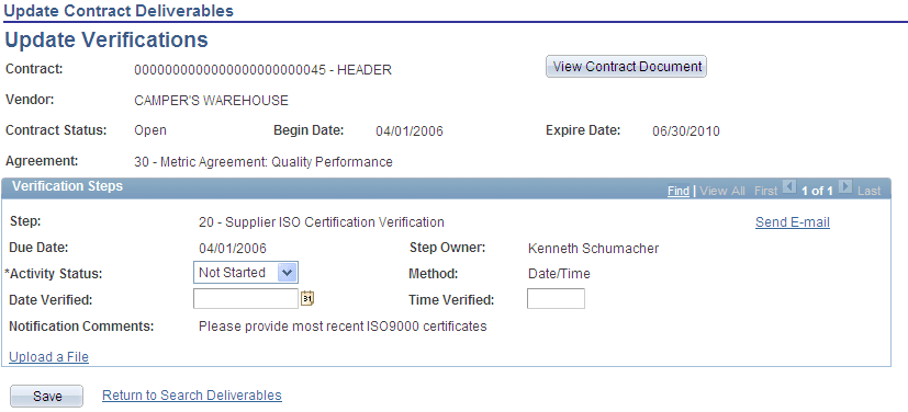 Review Contract Deliverables - Update Verifications page
