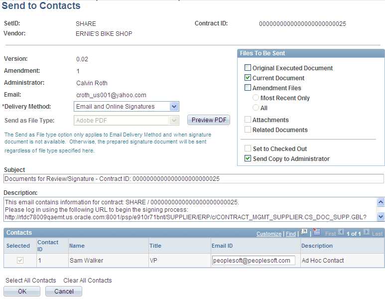 Send to Contacts page with URL for external users