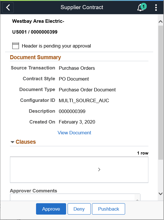 Supplier Contract Approval Page as displayed on a smartphone