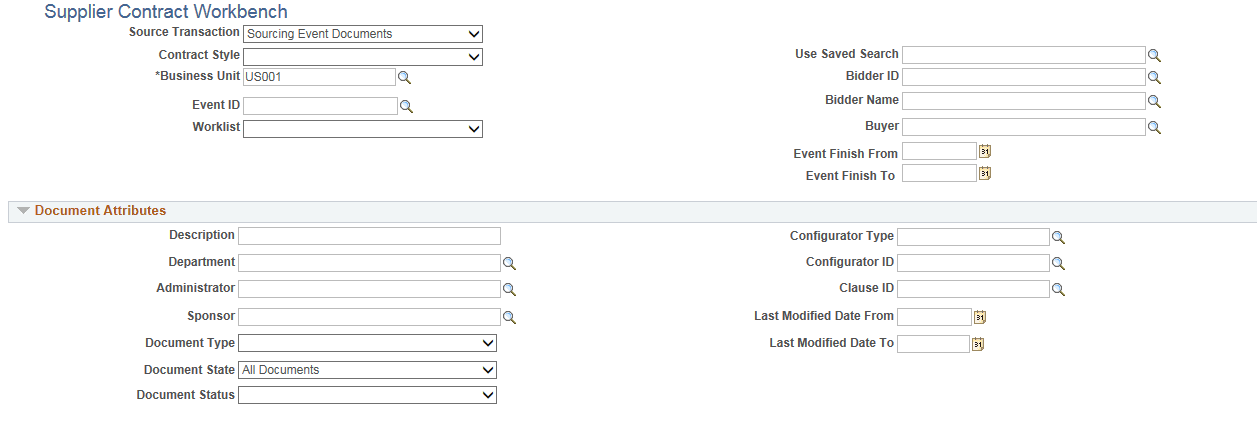 Supplier Contract Workbench - Sourcing Event Documents page (1 of 2)