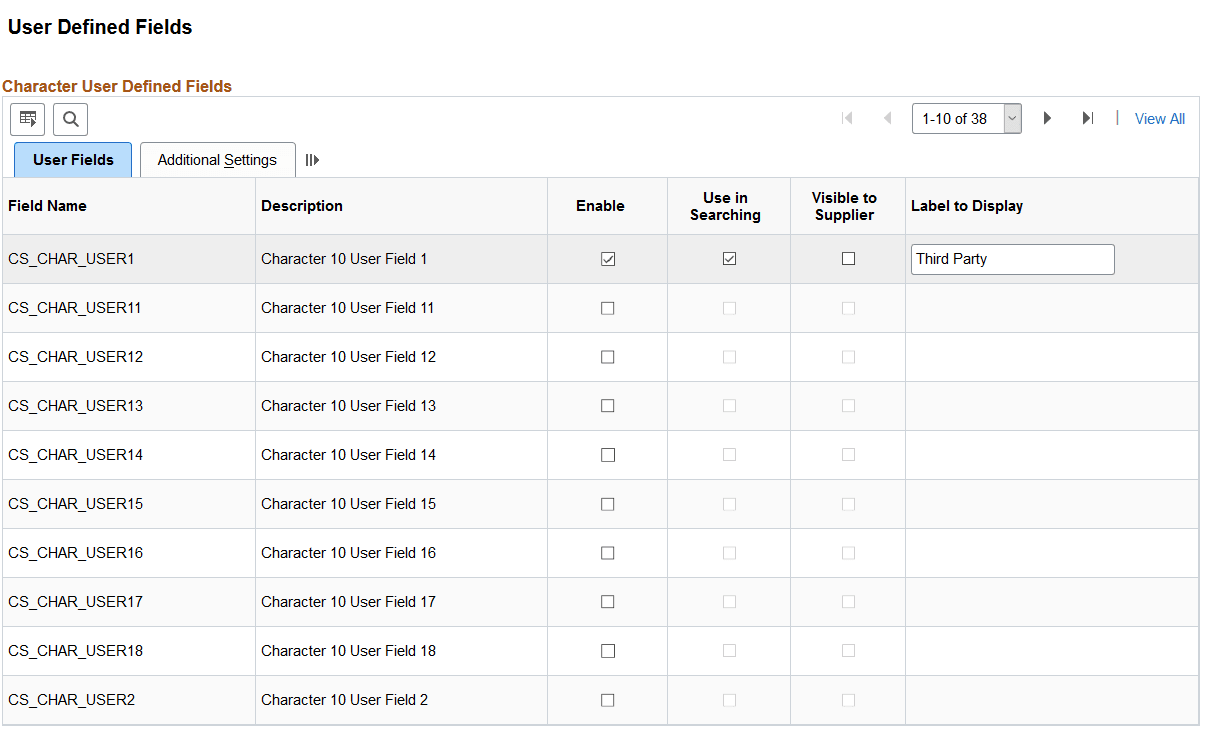 User Defined Fields page (1 of 4)