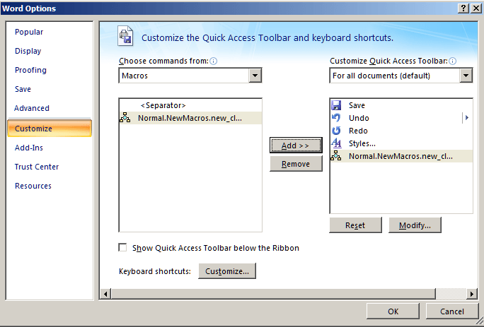 Word Options window - Add