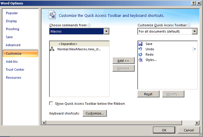Word Options window - Macros