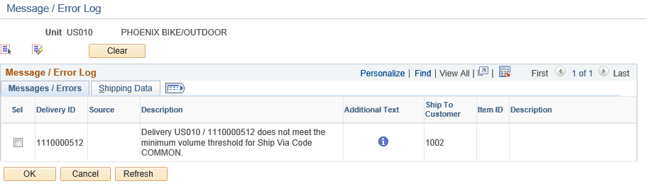 The Delivery Management Workbench- Message / Error Log page